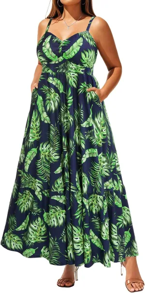 Women's Plus Size Summer Maxi Sun Dress Spaghetti Strap Ruched Bust Long Casual Sundress with Pockets
