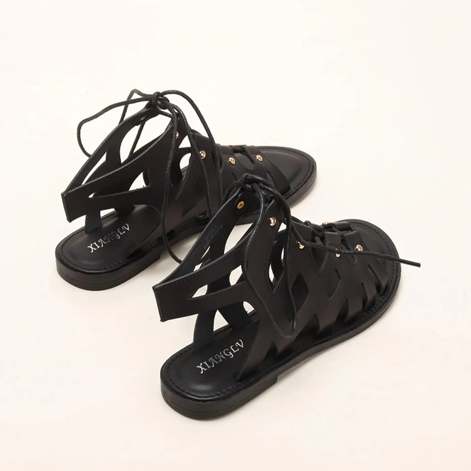 Women's Retro Cutout Open Toe Flat Roman Sandals Ankle-Wrap Lace-Up Gladiator Sandals Summer Outdoor Beach Sandals