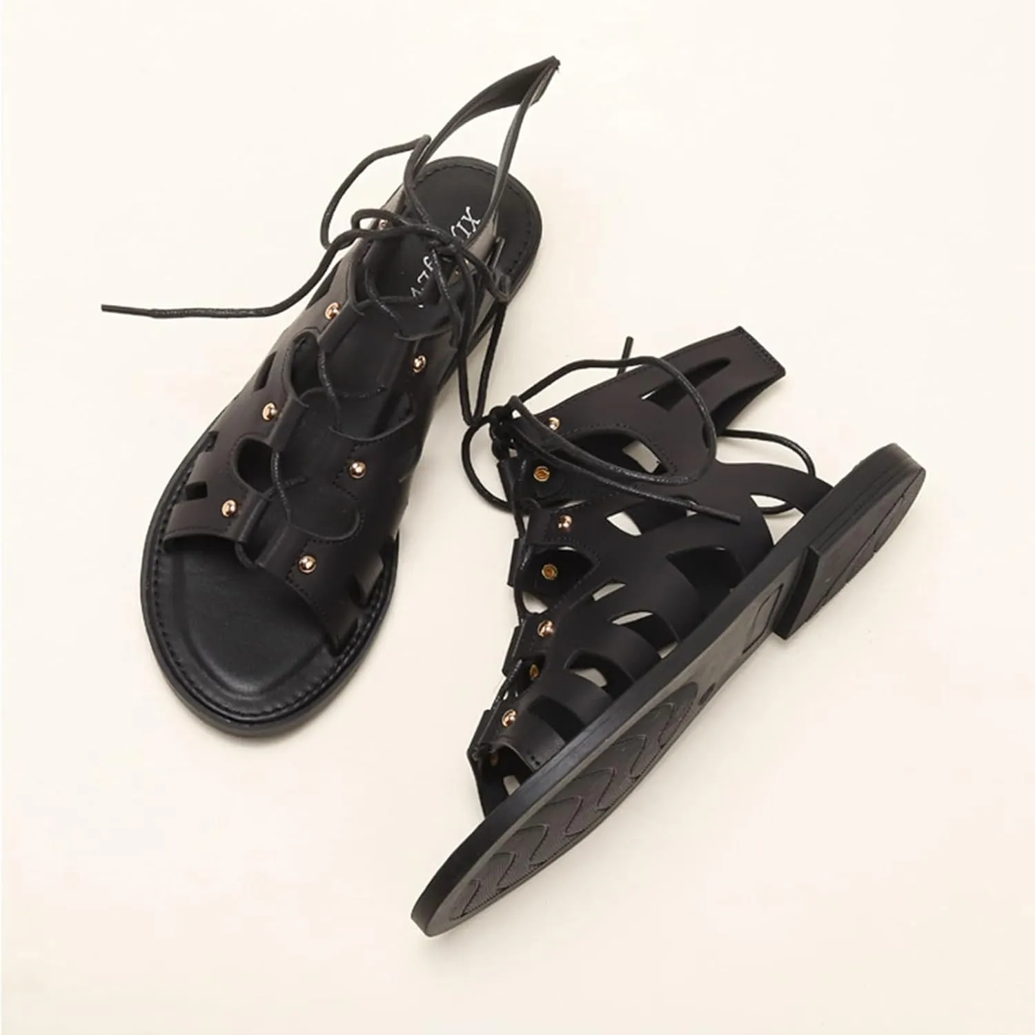 Women's Retro Cutout Open Toe Flat Roman Sandals Ankle-Wrap Lace-Up Gladiator Sandals Summer Outdoor Beach Sandals