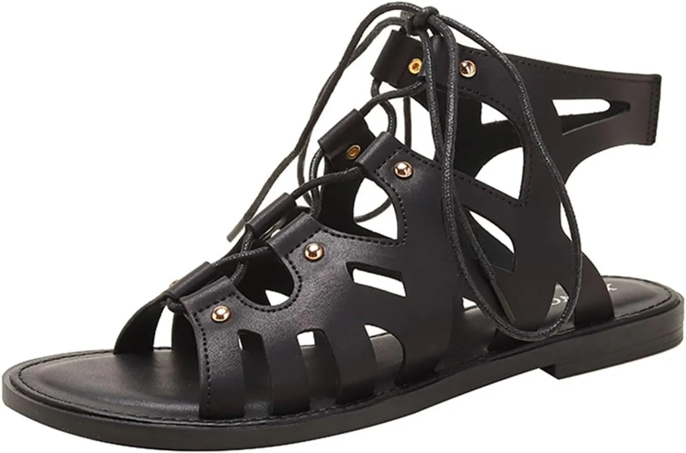 Women's Retro Cutout Open Toe Flat Roman Sandals Ankle-Wrap Lace-Up Gladiator Sandals Summer Outdoor Beach Sandals