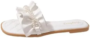 Women's Ruffles Pearl Round Open Toe Flat Slides Sandals Cut Slip on Summer Fashion Comfy Dressy Slippers Outdoor Boho Foot Bed Beach Walking Sandals