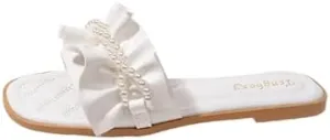 Women's Ruffles Pearl Round Open Toe Flat Slides Sandals Cut Slip on Summer Fashion Comfy Dressy Slippers Outdoor Boho Foot Bed Beach Walking Sandals