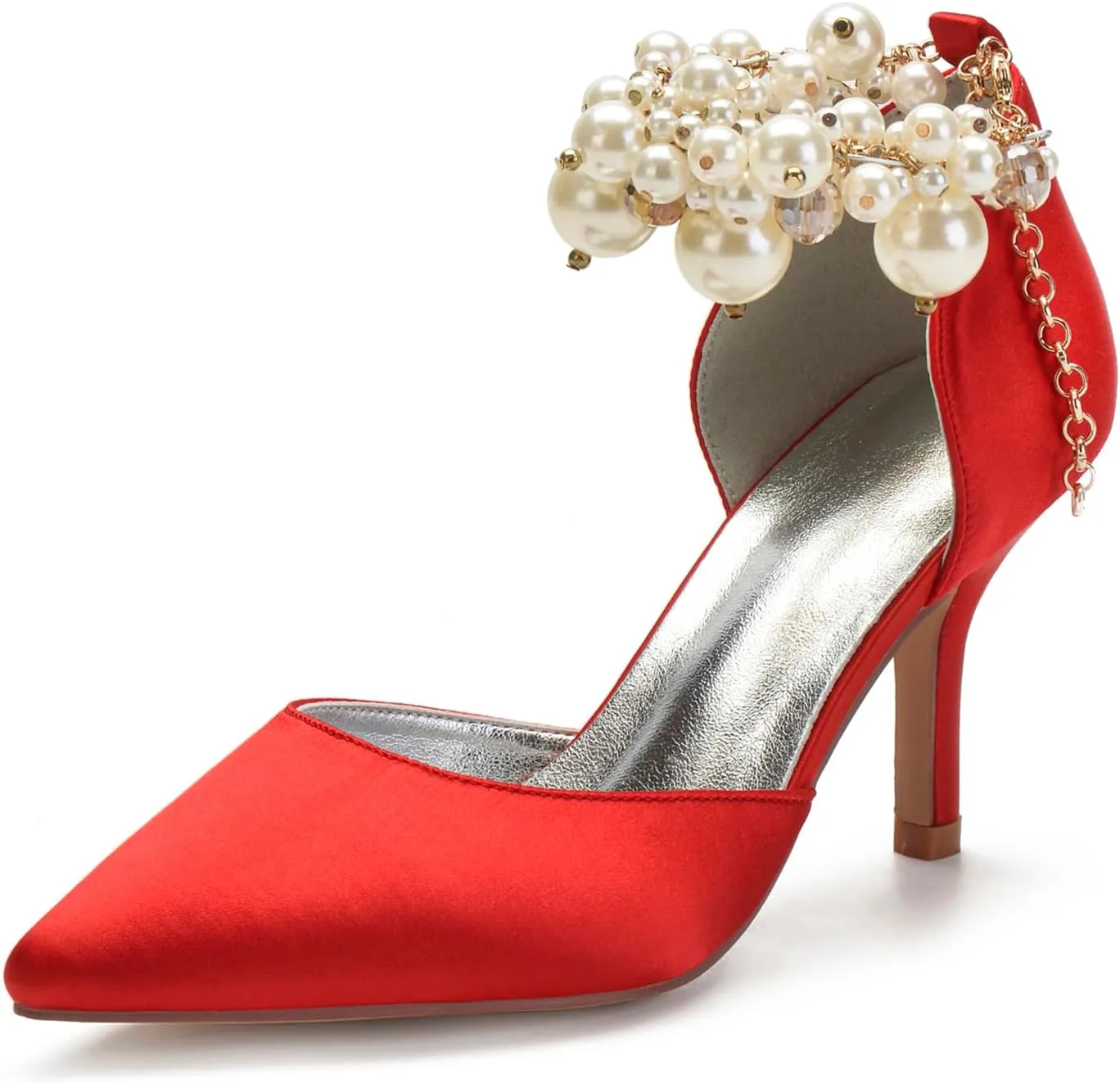Women's Sandal 8CM High Heels Beaded Bowknot Strap Bridal Wedding Shoes Satin Stiletto Pump Elegant Formal Women's Sandal Pointed Toe,Red,8