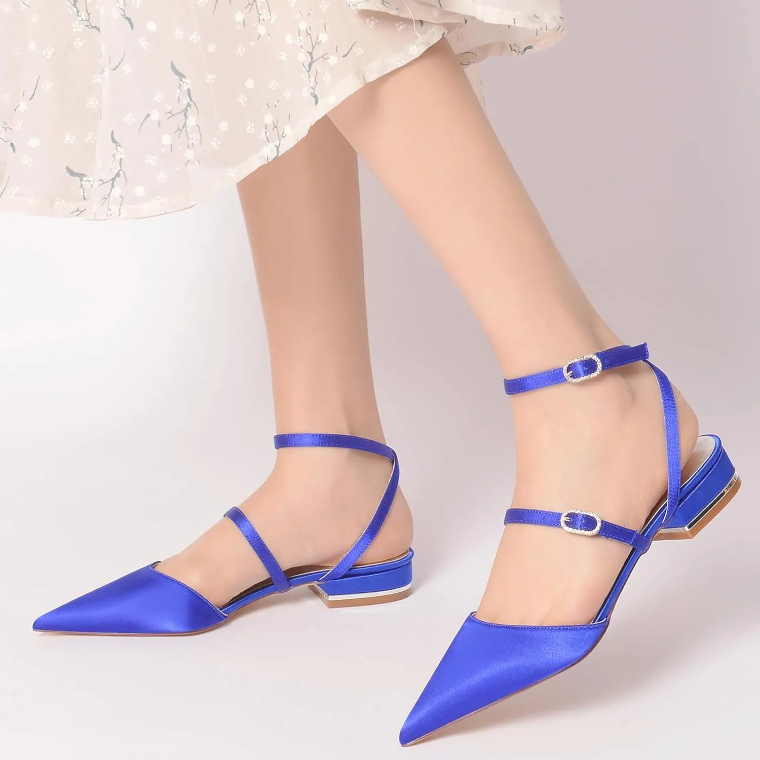 Women's Satin Closed Toe Low Block Heels Bridal Shoes Slingback Buckle Pointed Toe Wedding Party Dress Shoes