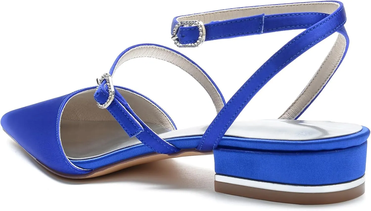 Women's Satin Closed Toe Low Block Heels Bridal Shoes Slingback Buckle Pointed Toe Wedding Party Dress Shoes