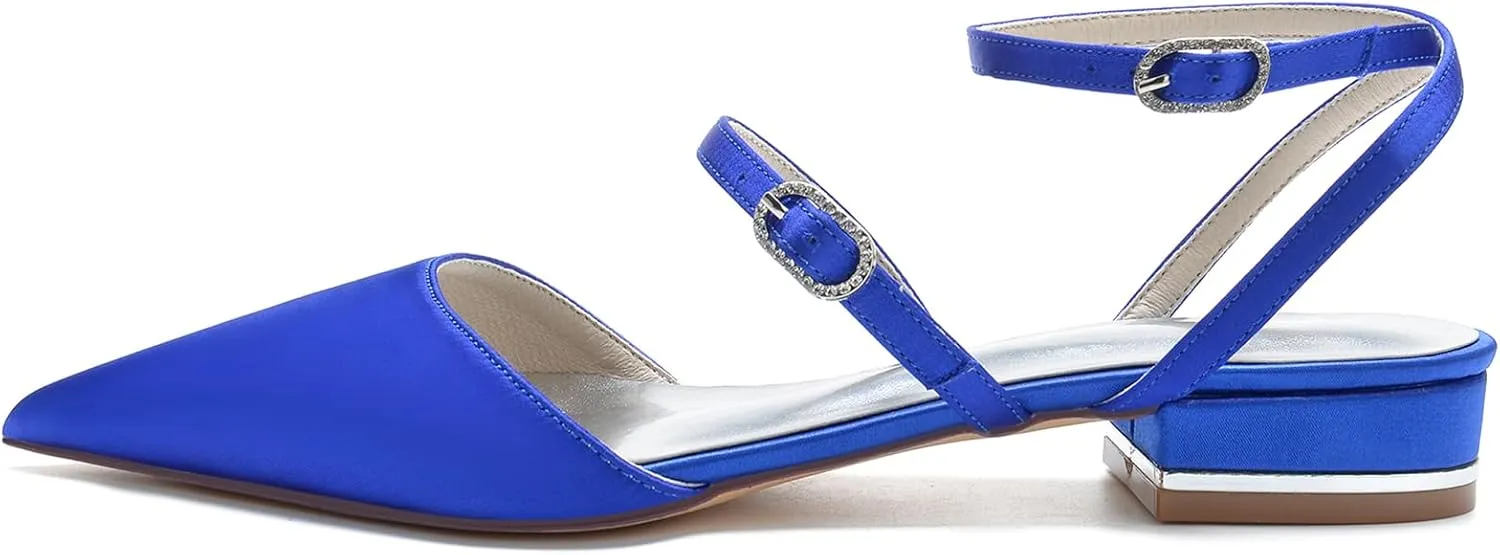 Women's Satin Closed Toe Low Block Heels Bridal Shoes Slingback Buckle Pointed Toe Wedding Party Dress Shoes
