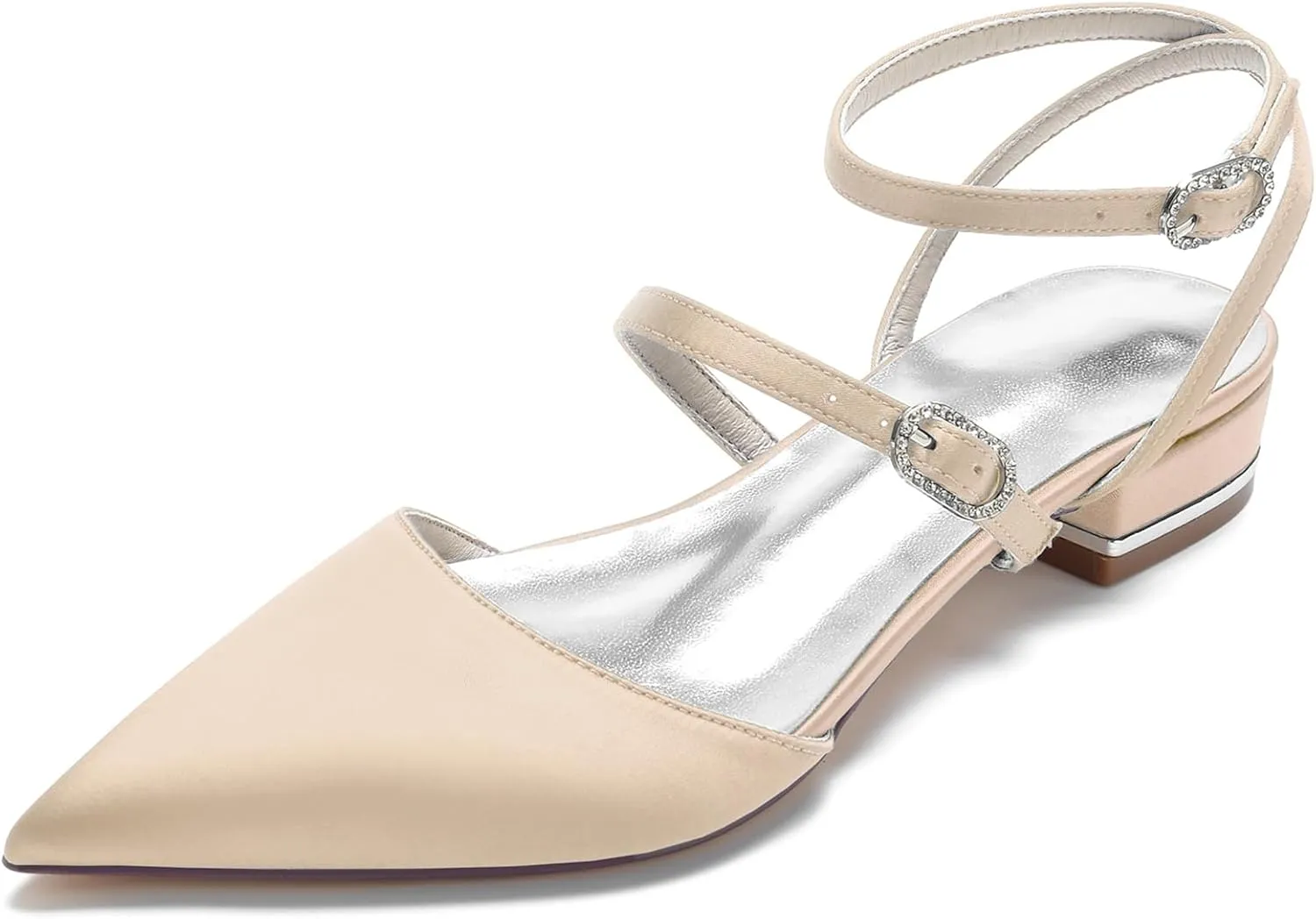 Women's Satin Closed Toe Low Block Heels Bridal Shoes Slingback Buckle Pointed Toe Wedding Party Dress Shoes