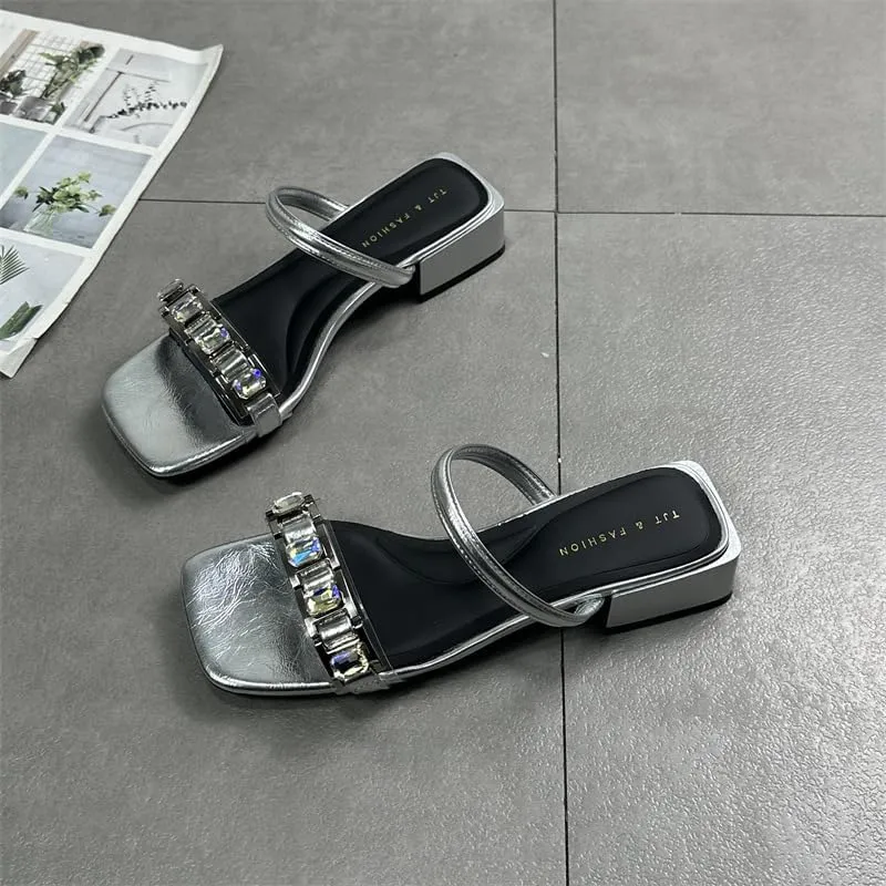Women's shoes 2024 summer new versatile square head open toe rhinestone middle heel Internet celebrity cool slippers half drag one word
