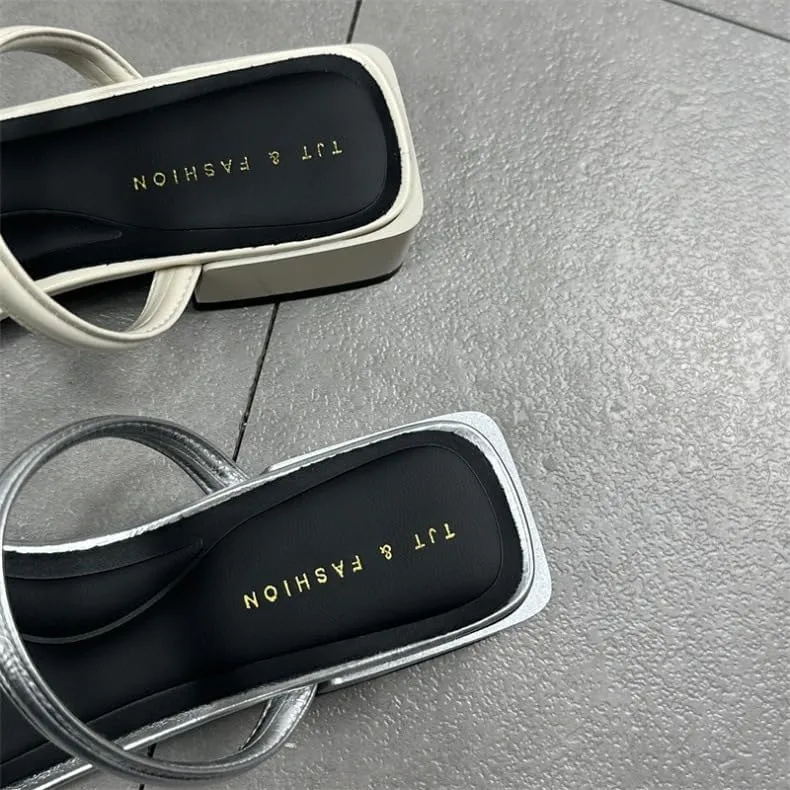 Women's shoes 2024 summer new versatile square head open toe rhinestone middle heel Internet celebrity cool slippers half drag one word