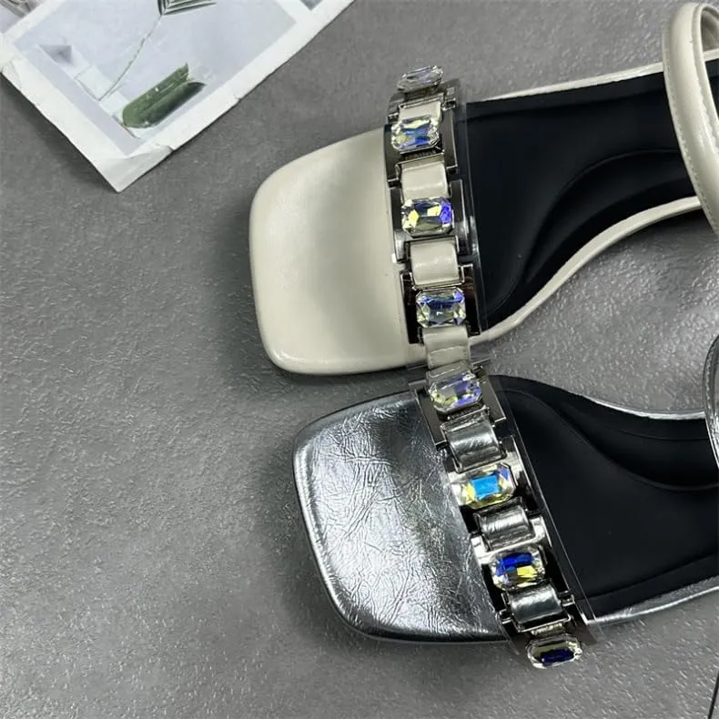 Women's shoes 2024 summer new versatile square head open toe rhinestone middle heel Internet celebrity cool slippers half drag one word