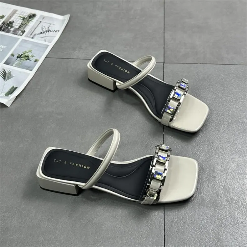 Women's shoes 2024 summer new versatile square head open toe rhinestone middle heel Internet celebrity cool slippers half drag one word