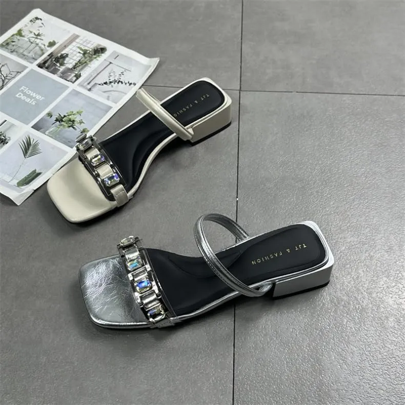 Women's shoes 2024 summer new versatile square head open toe rhinestone middle heel Internet celebrity cool slippers half drag one word
