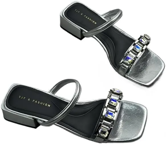 Women's shoes 2024 summer new versatile square head open toe rhinestone middle heel Internet celebrity cool slippers half drag one word
