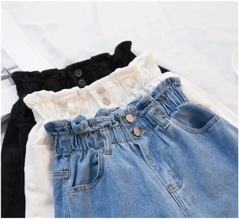 Women's Simple Classic All-Match Denim Shorts Women Ruffled High Waist Shorts