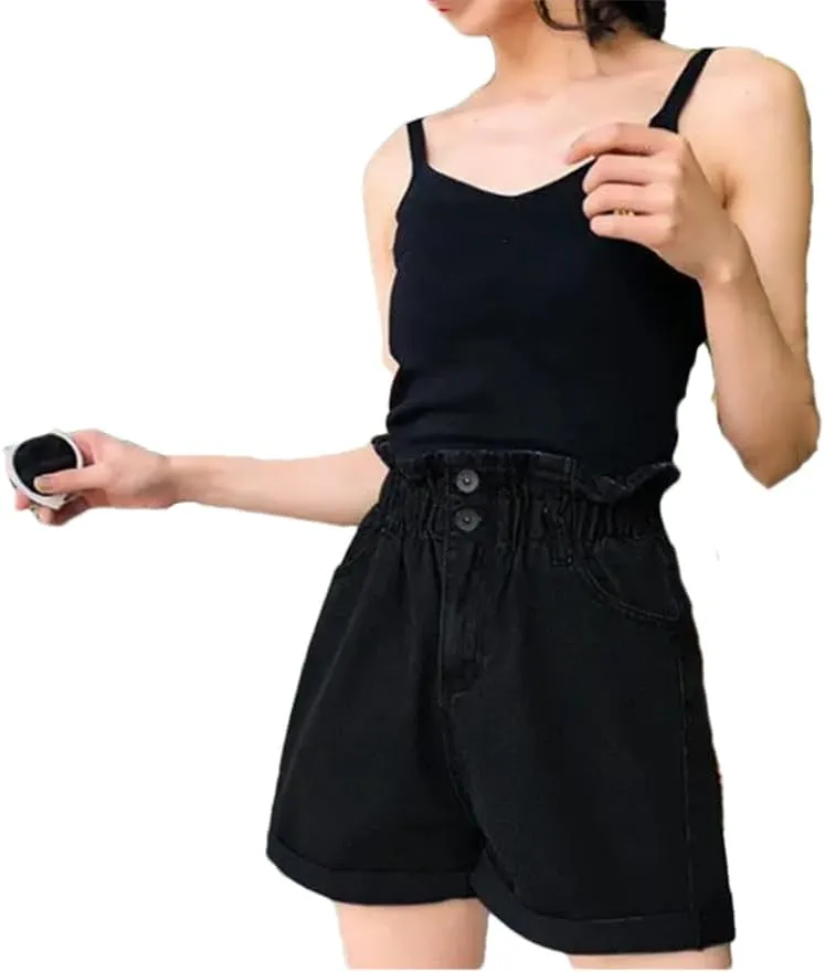 Women's Simple Classic All-Match Denim Shorts Women Ruffled High Waist Shorts