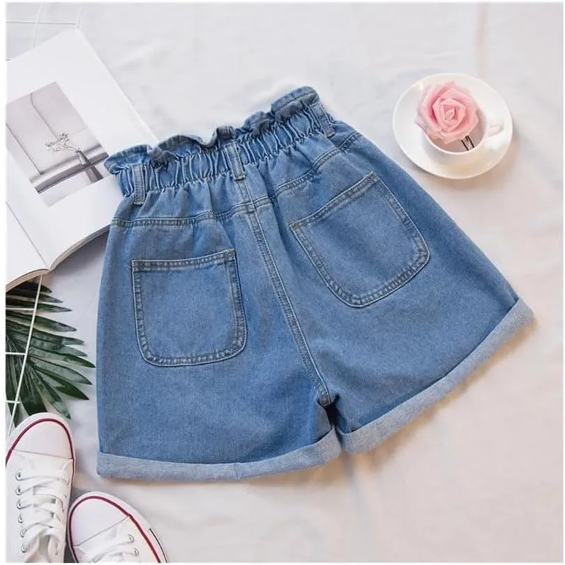 Women's Simple Classic All-Match Denim Shorts Women Ruffled High Waist Shorts