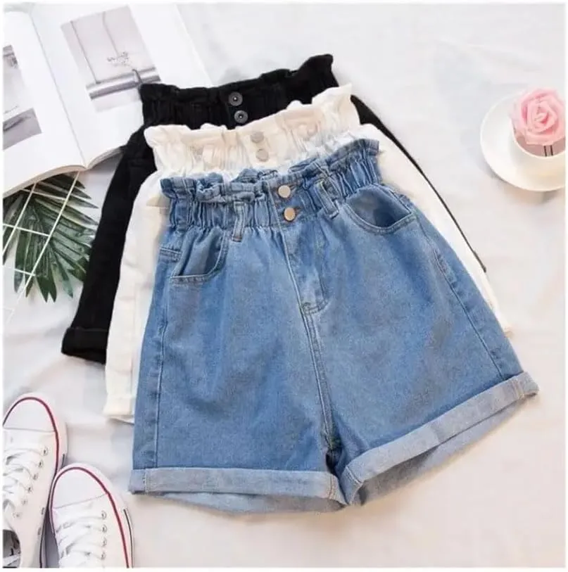 Women's Simple Classic All-Match Denim Shorts Women Ruffled High Waist Shorts