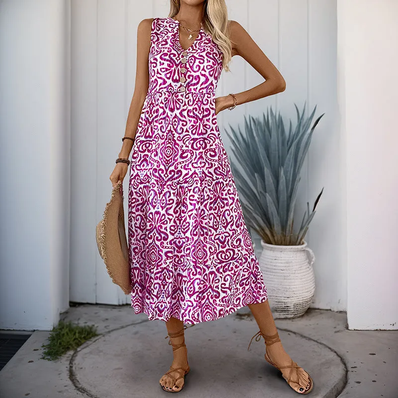 Women’s Sleeveless Dress – V-Neck A-Line – Printed – Lightweight Flowy Casual Fit