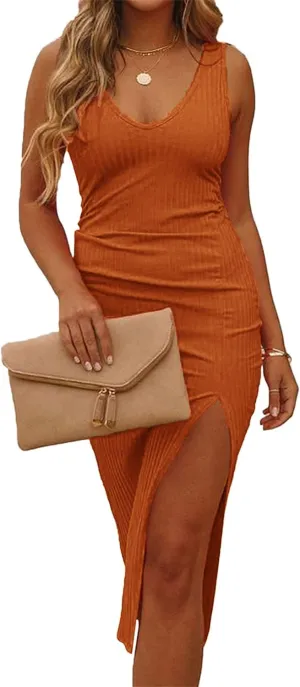 Womens Sleeveless V Neck Bodycon Dress Midi Party Dress Side Slit Ribbed Knit Pencil Dresses
