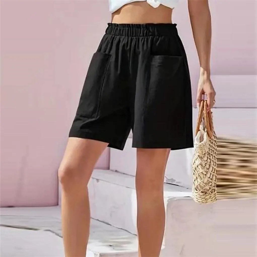 Women's Solid Color Cotton Shorts Elastic Waist Loose Fit Pocket Casual Pants