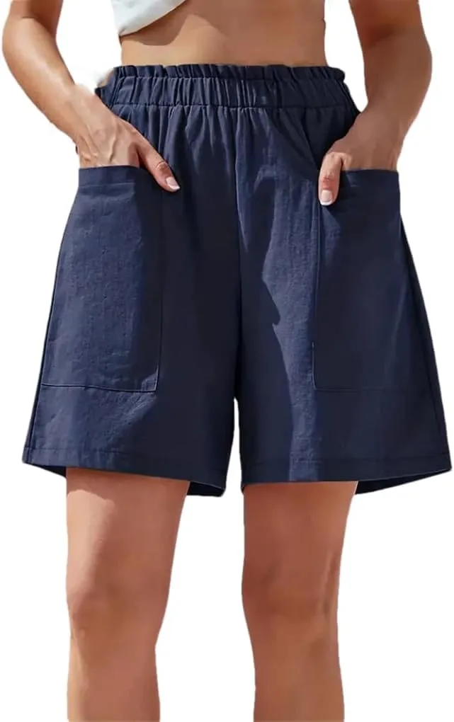 Women's Solid Color Cotton Shorts Elastic Waist Loose Fit Pocket Casual Pants