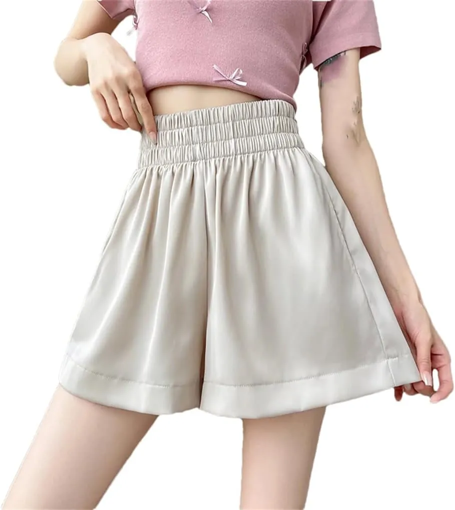Women's Solid Color Thin Pockets Shorts Elastic Waist Loose Simple Casual Shorts