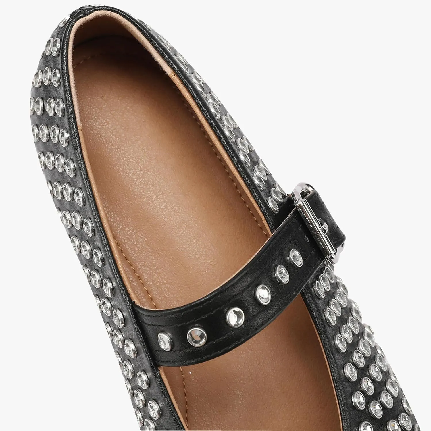 Women's Sparkling Rhinestone Mary Jane Flats Glitter Ballet Shoes Comfortable Walking Vegan Leather Casual Party Buckle Flats