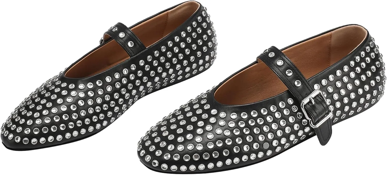 Women's Sparkling Rhinestone Mary Jane Flats Glitter Ballet Shoes Comfortable Walking Vegan Leather Casual Party Buckle Flats