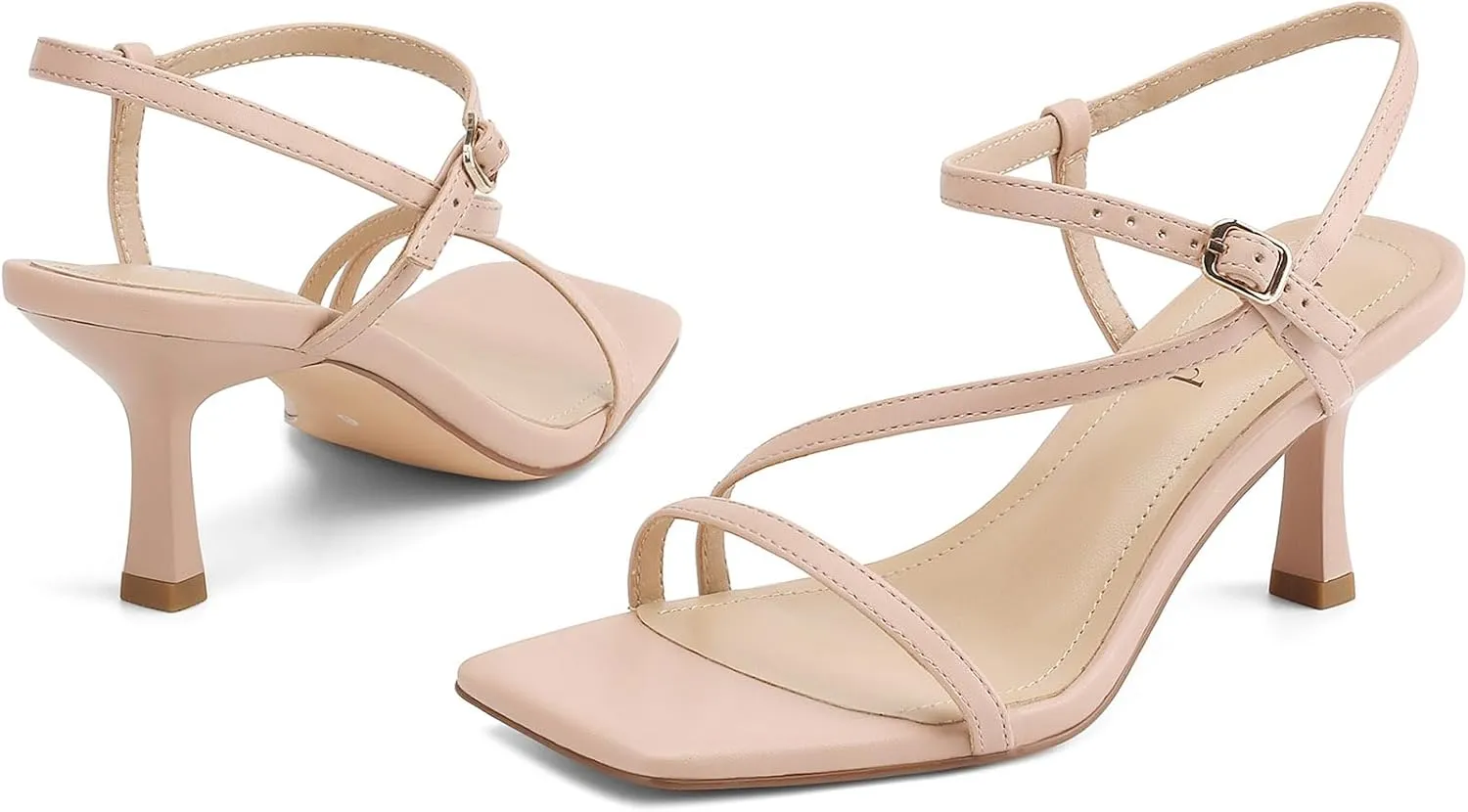 Womens Strappy Heels Kitten Low Heeled Sandals Square Open Toe Ankle Strap Party Wedding Dress Shoes