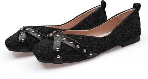 Women's Studded Glitter Leather Flats Fashion Closed Square Toe Comfortable Slip On Shallow Mouth Ballet Flat Shoes for Wedding Party Evening Prom Dress Shoes