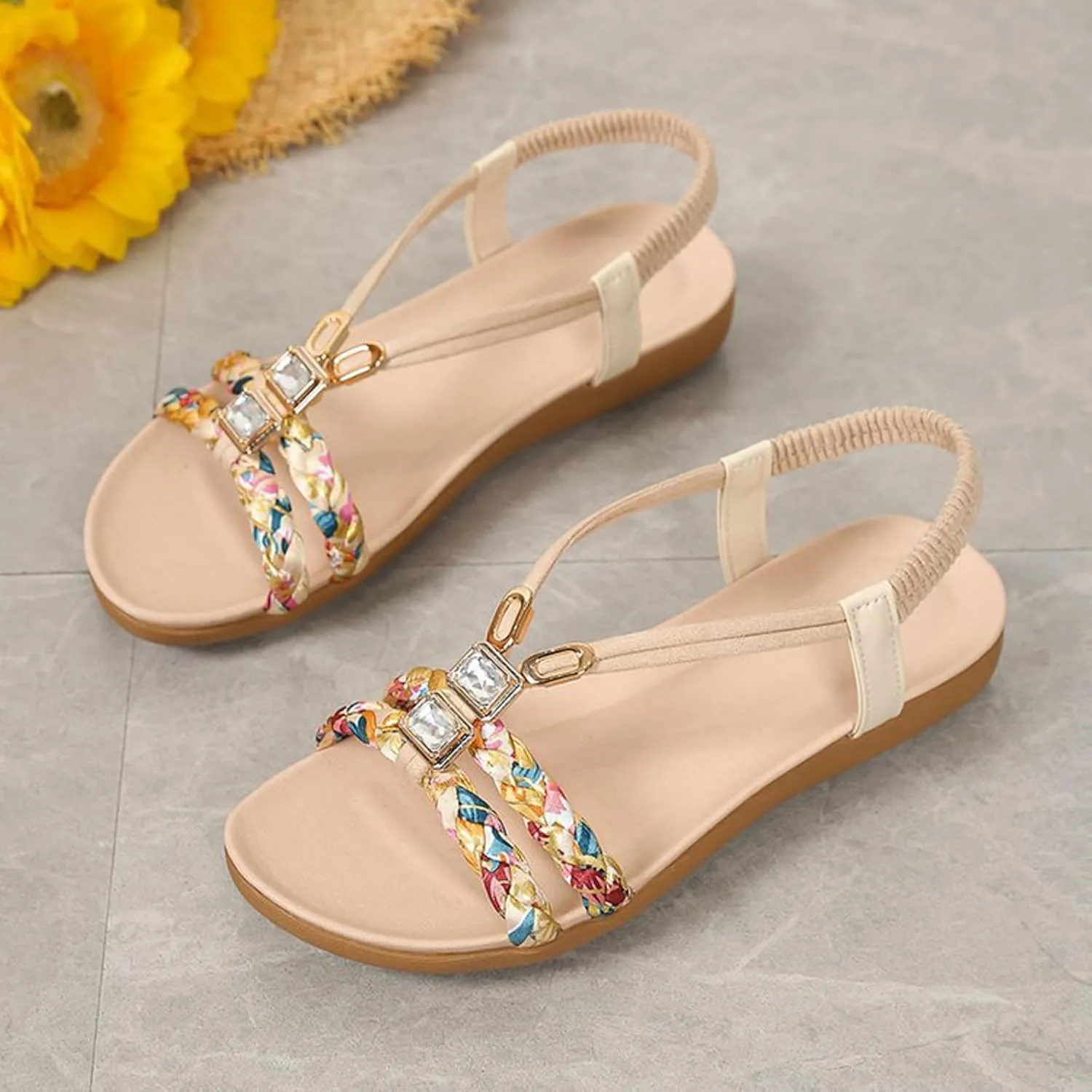 Women's Summer Bohemian Sandals Thick Soled Non Slip Rhinestone Shoes Elastic Ankle Strap Versatile Sandals