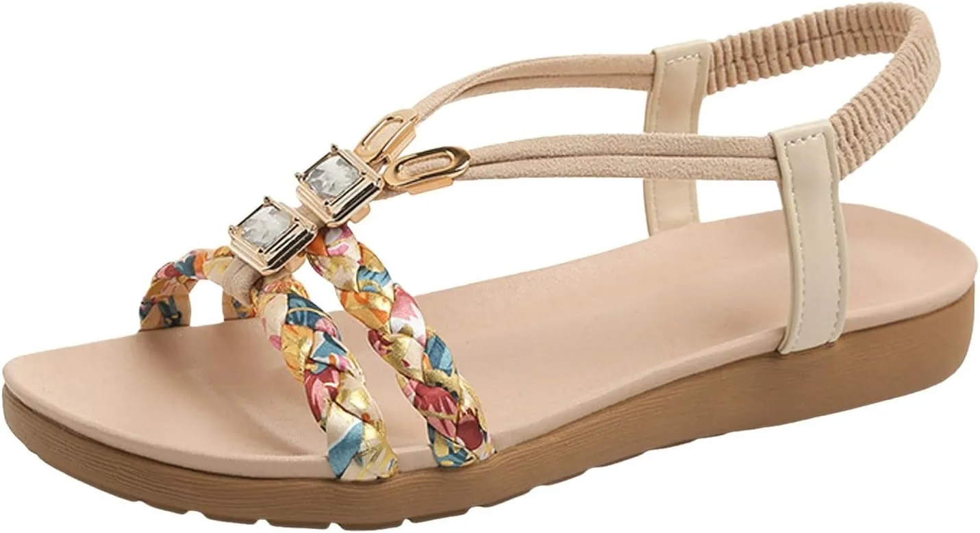Women's Summer Bohemian Sandals Thick Soled Non Slip Rhinestone Shoes Elastic Ankle Strap Versatile Sandals
