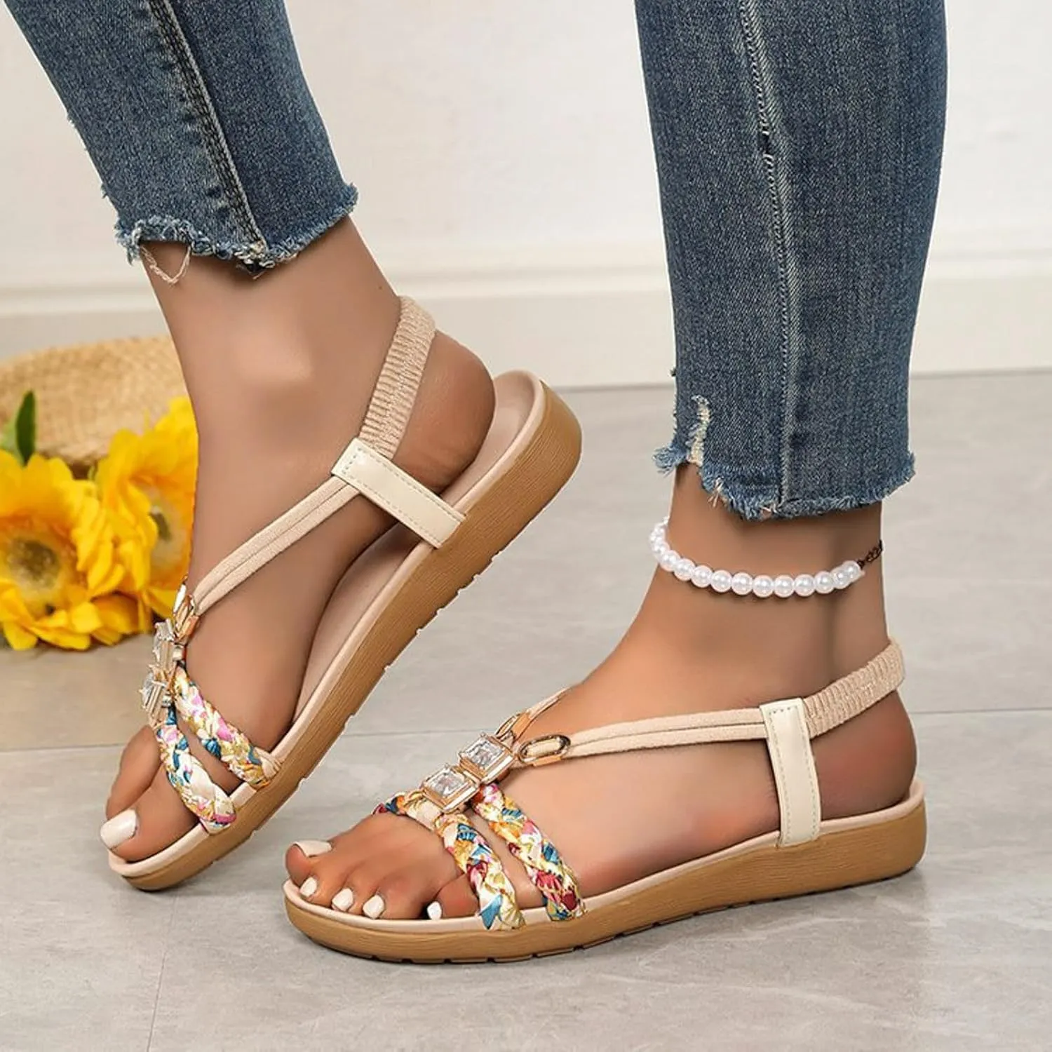 Women's Summer Bohemian Sandals Thick Soled Non Slip Rhinestone Shoes Elastic Ankle Strap Versatile Sandals