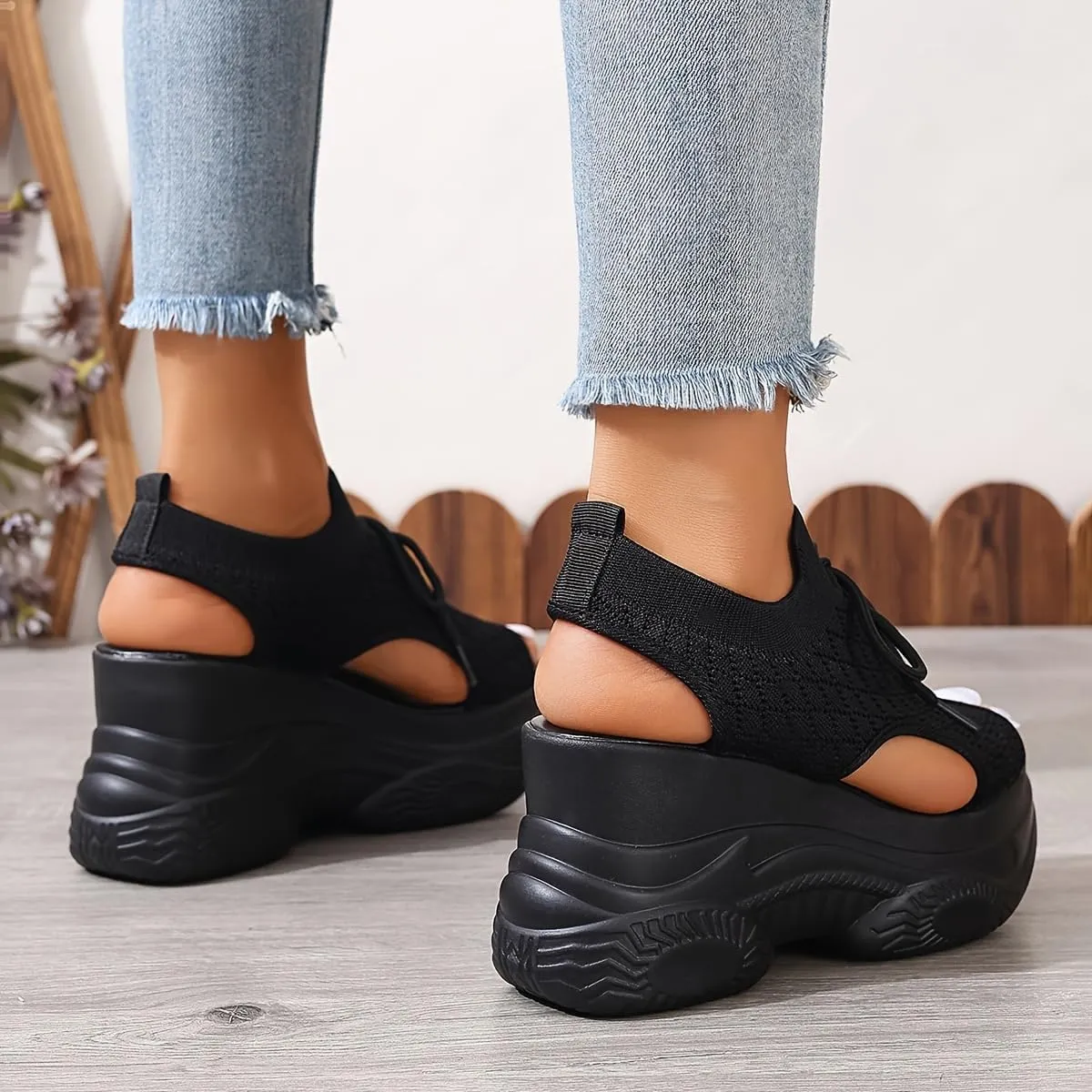 Women's Summer Platform Wedge Sandals, Breathable Knit Elastic Upper, Open Toe Tie-Up Comfort Sandals, High-Heel Casual Shoes