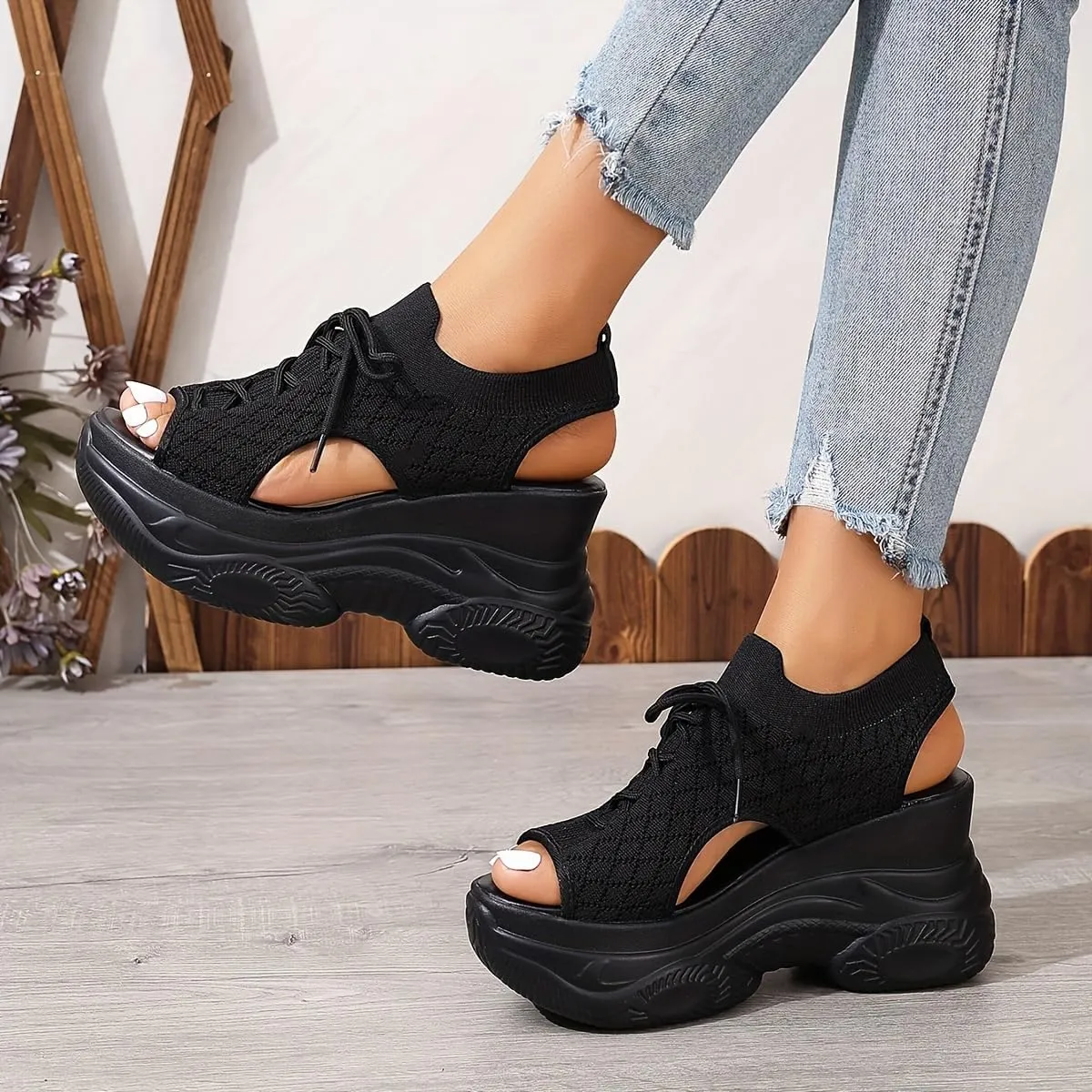 Women's Summer Platform Wedge Sandals, Breathable Knit Elastic Upper, Open Toe Tie-Up Comfort Sandals, High-Heel Casual Shoes