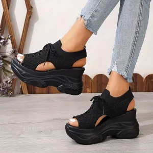 Women's Summer Platform Wedge Sandals, Breathable Knit Elastic Upper, Open Toe Tie-Up Comfort Sandals, High-Heel Casual Shoes