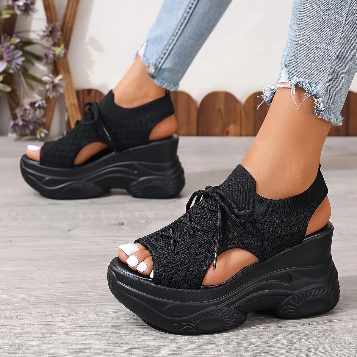 Women's Summer Platform Wedge Sandals, Breathable Knit Elastic Upper, Open Toe Tie-Up Comfort Sandals, High-Heel Casual Shoes