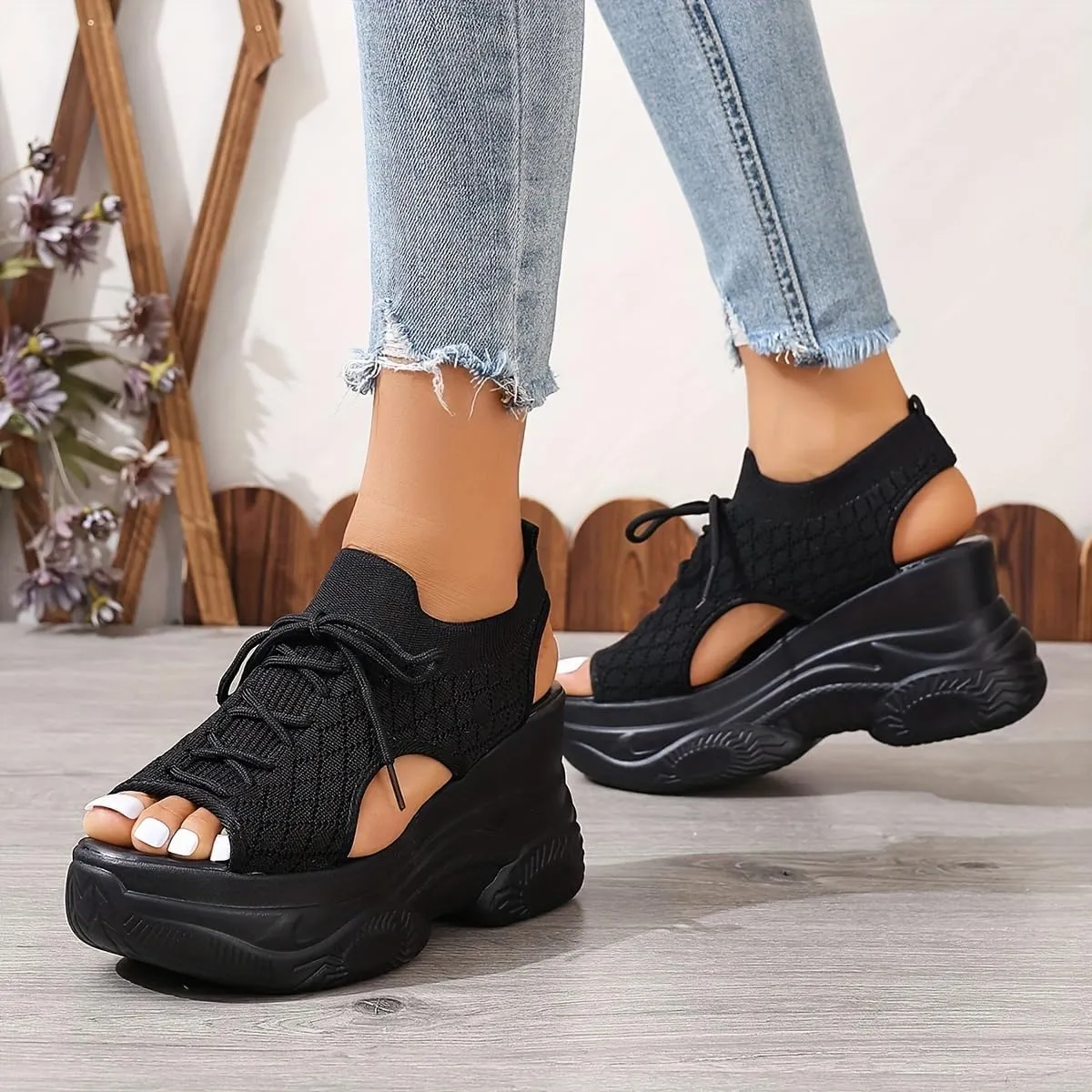 Women's Summer Platform Wedge Sandals, Breathable Knit Elastic Upper, Open Toe Tie-Up Comfort Sandals, High-Heel Casual Shoes