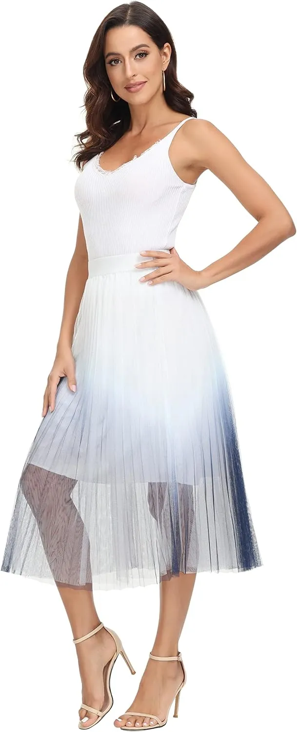 Womens Tulle Skirt Elastic High Waist Pleated A-line Fairy Skirt Layered Mesh Flowy Tutu Skirts