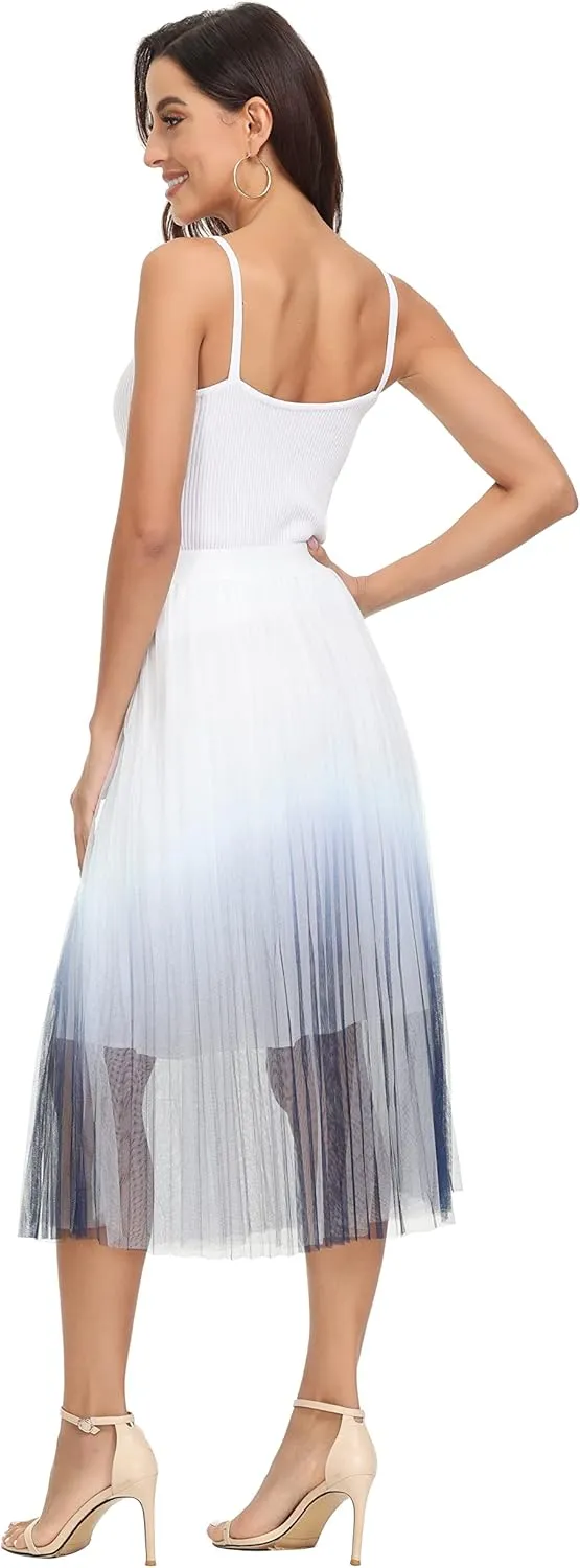 Womens Tulle Skirt Elastic High Waist Pleated A-line Fairy Skirt Layered Mesh Flowy Tutu Skirts