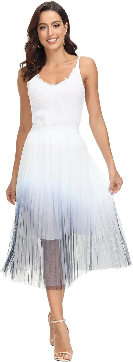 Womens Tulle Skirt Elastic High Waist Pleated A-line Fairy Skirt Layered Mesh Flowy Tutu Skirts