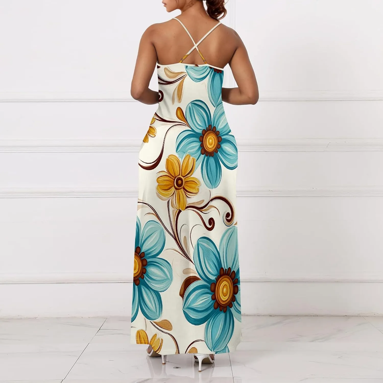 Womens V Neck Casual Outfits Long Flowy Floral Print Maxi Dresses Vacation Beach Cover ups Wedding Guests Sun Dress