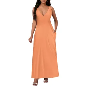 Womens V Neck Casual Outfits Long Flowy Solid Color Maxi Dresses Vacation Beach Cover ups Wedding Guests Sun Dress
