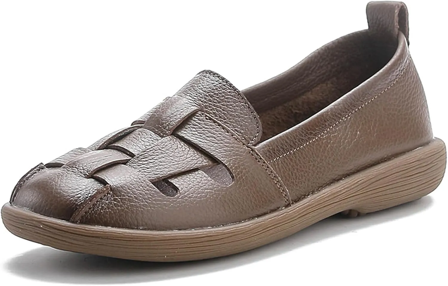 Women's Weaving Hollowed Out Leather Shoes Soft Sole Loafers Fashion Retro Comfortable Walking Shoes
