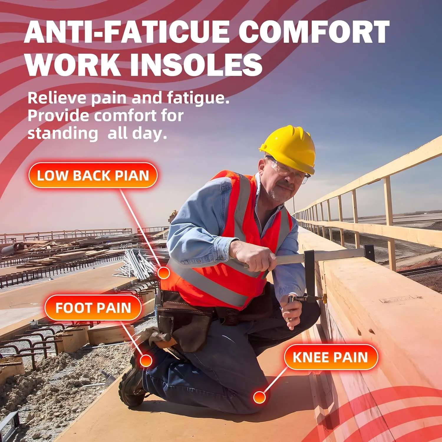 Work Heavy Duty Support Pain Relief Insoles-Shock Absorption-Cushioning 220  lbs Medium Arch Support Shoe Insert Men Women Anti Fatigue - Soft Comfortable Work Boot Insoles - Foot Pain Relief