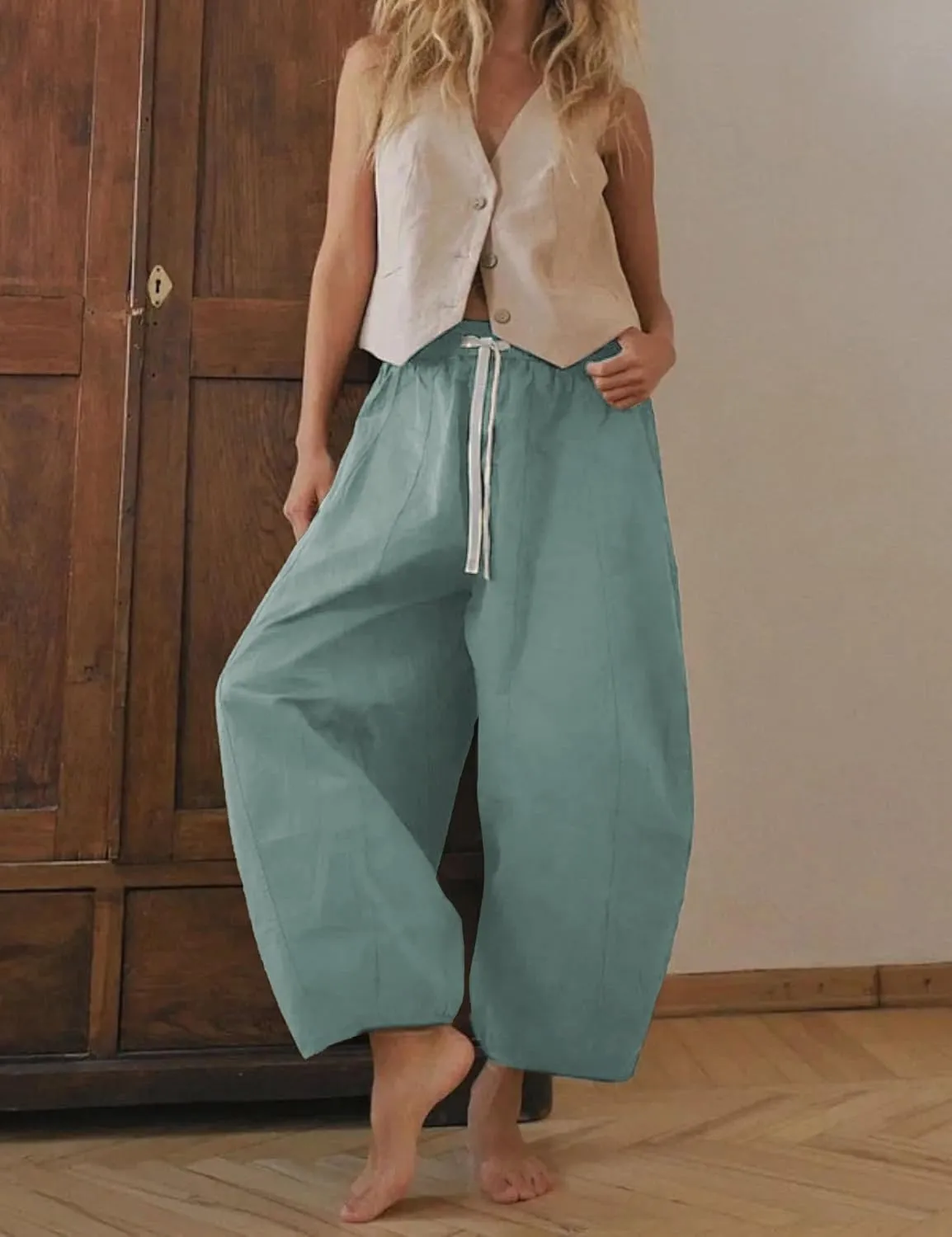 Xiaoxuemeng Barrel Jeans Women Cropped Cotton Wide Leg Pants High Waisted Denim Pants with Pockets