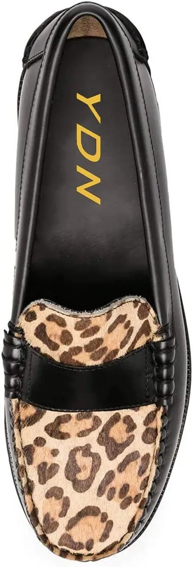 YDN Women Casual Slip On Loafers Flats Round Closed Toe Suede Animal-Print Patchwork Leather Hidden Low Heel Slide Dress Pump Ladies Girls Comfort Walking Driver Shoes