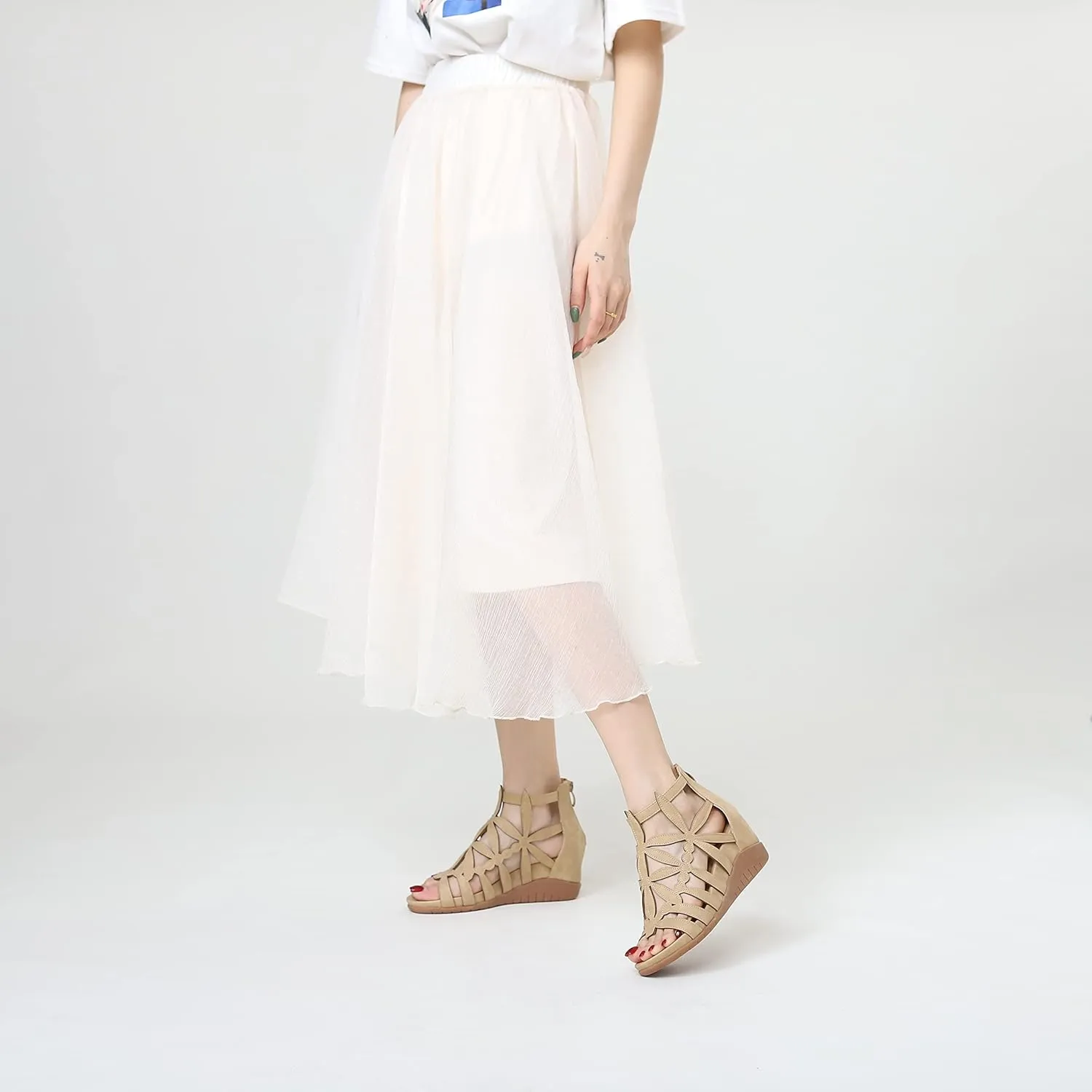 Yenktwei Wedge Sandal for Women Cutout Caged Flower Ankle Strap Sandals Open Toe Back Zipper Summer Bohemia Dress Platform Sandals