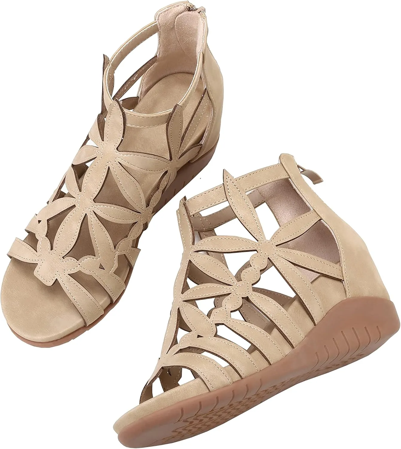 Yenktwei Wedge Sandal for Women Cutout Caged Flower Ankle Strap Sandals Open Toe Back Zipper Summer Bohemia Dress Platform Sandals