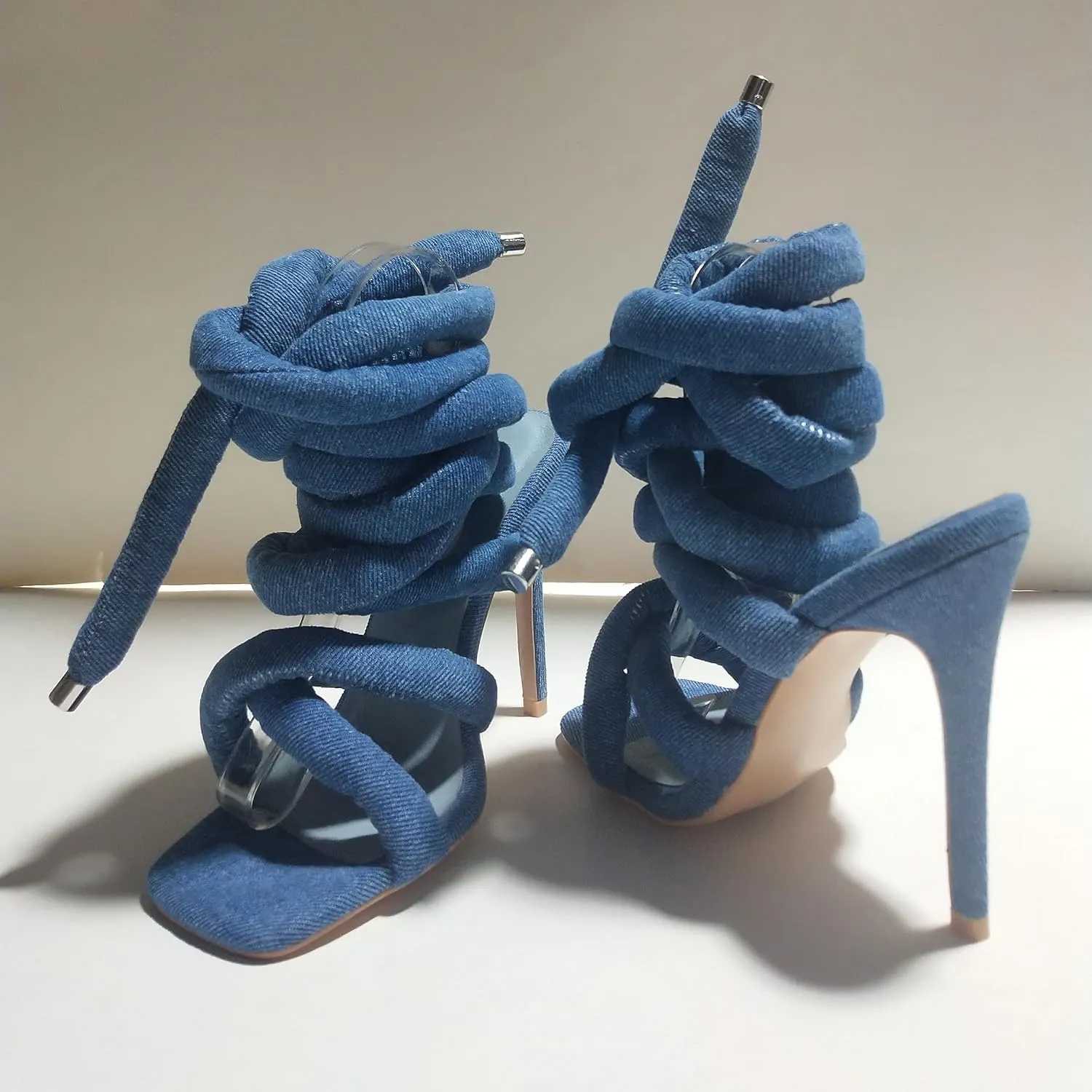 Yishaweiqi Strappy Sandals for Women Rope Lace up Gladiator Sandals Sexy Square Open Toe Stiletto High Heels Tie Up Heeled Sandals for Women